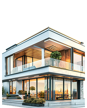 Modern two-story house with large windows and a flat roof design.
