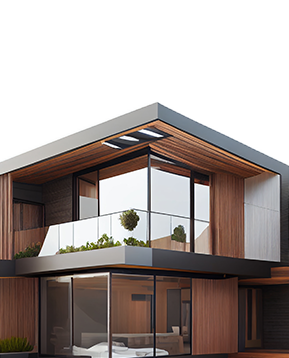 Modern house exterior with wood paneling, large windows, and rooftop vegetation.