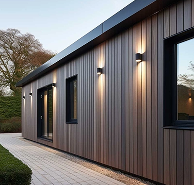 Modern house with vertical siding and wall-mounted exterior lights.