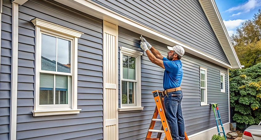Man installing blue siding on a house using a stepladder.