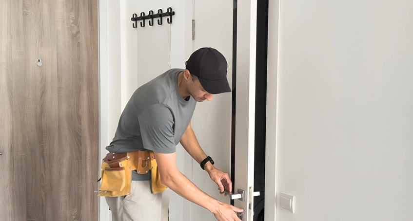 Man installing a white door with a tool belt.