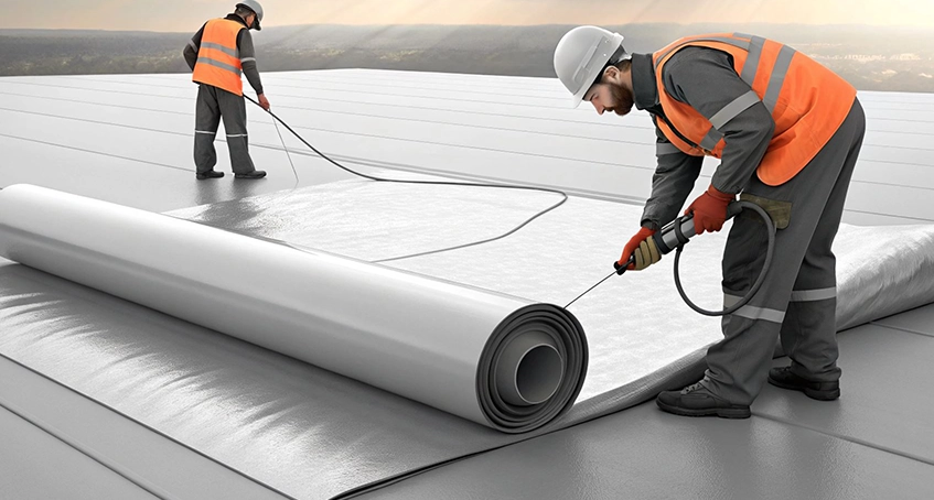 Workers installing roofing materials on flat rooftop.