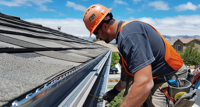 Worker installing gutters on a residential roof.