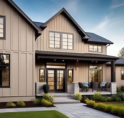 Modern two-story house with beige siding and landscaped front yard.