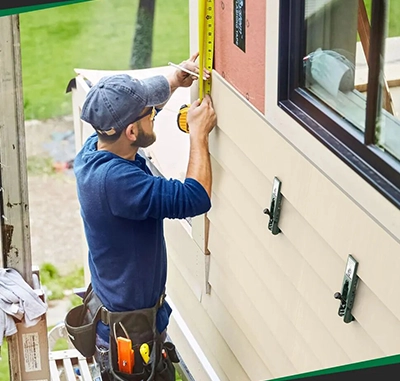 Worker measuring wall for siding installation with a tape measure.