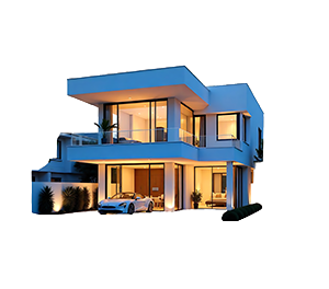 Modern two-story house with large windows and illuminated interior.