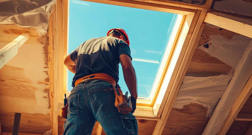 Worker installing a skylight on a wooden roof frame.
