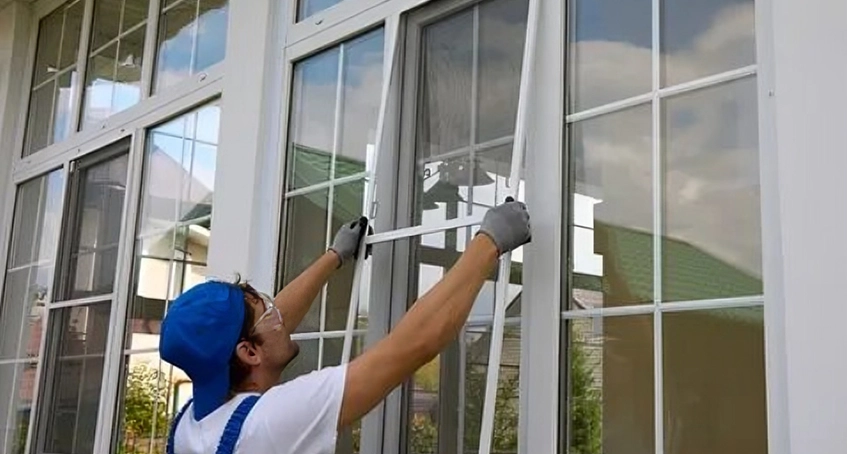 Worker adjusting window frame wearing blue cap and gloves.
